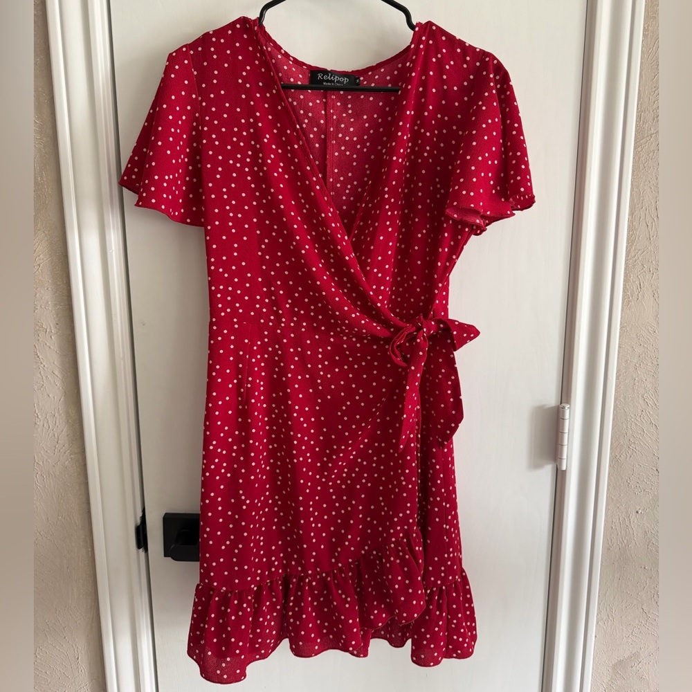 Red Polka Dot Wrap Dress size M Wedding guest